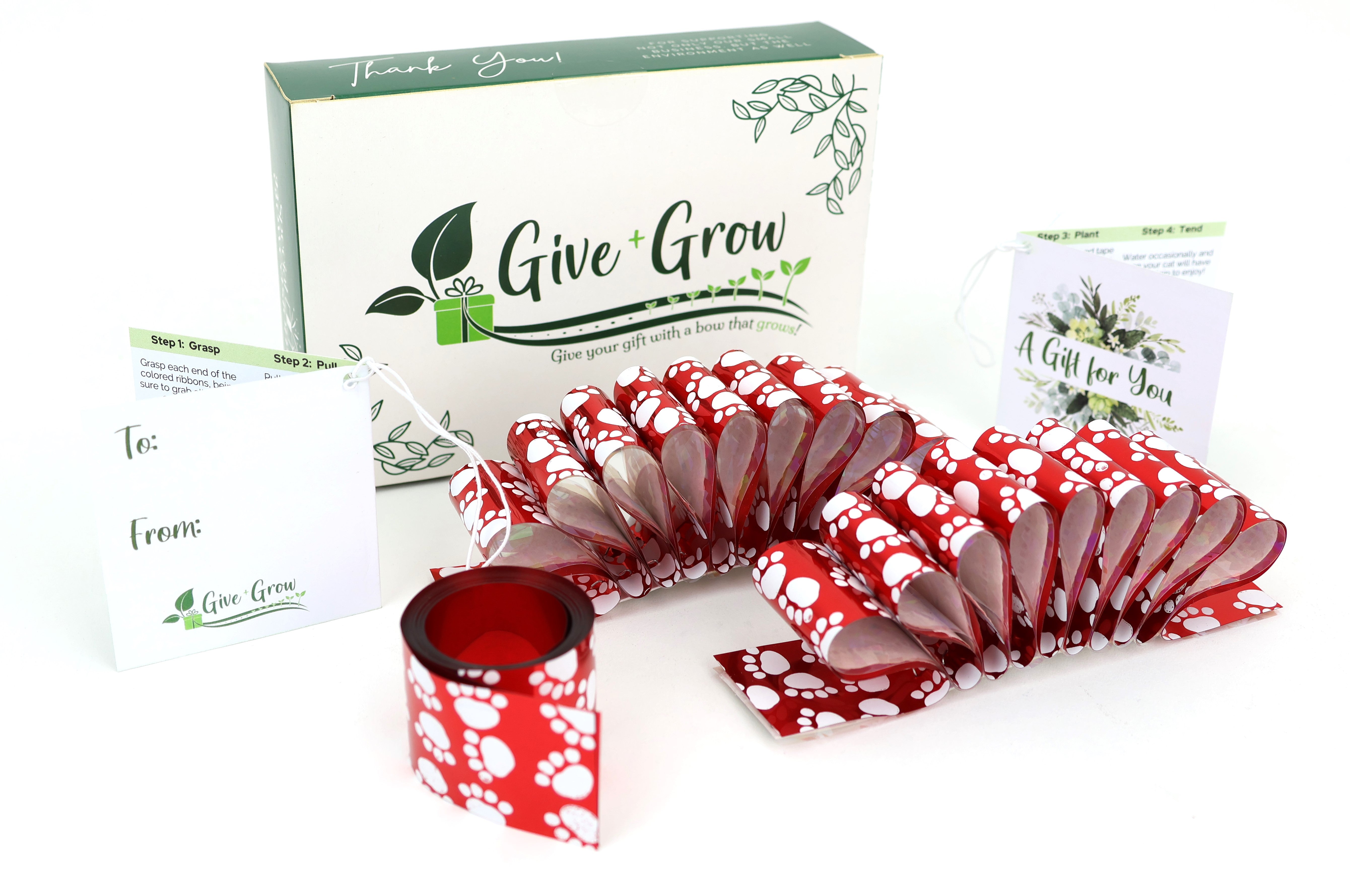 CATNIP Bundle: (2) WAVE Give+Grow BOWS with 3 feet of Plantable CATNIP seed tape with Paw Print Ribbon, To/From Tags
